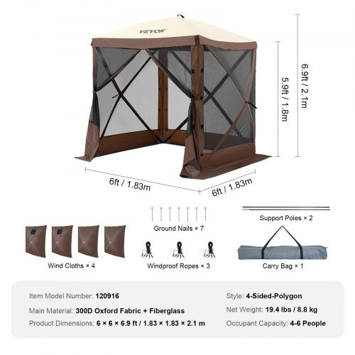 Pop Up Gazebo Tent PopUp Screen Tent 4 Sided Canopy Sun Shelter with 4