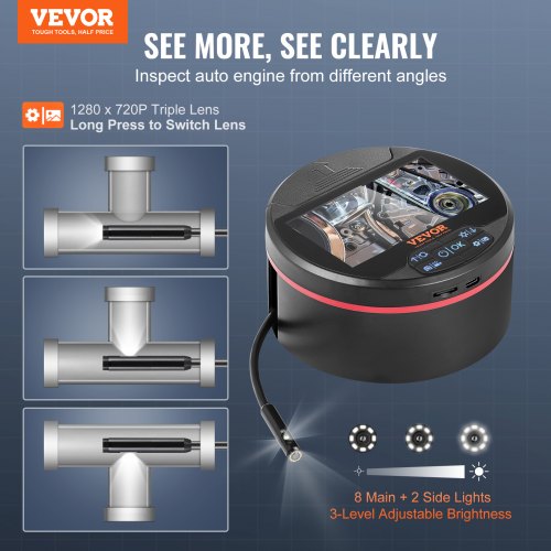 Borescope Triple Lens Endoscope Camera with Light 43 IPS Screen