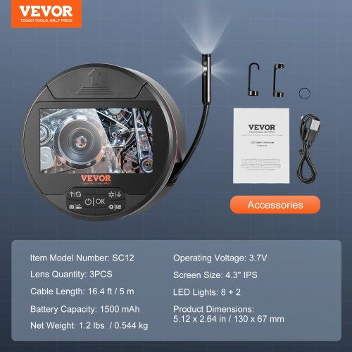 Borescope Triple Lens Endoscope Camera with Light 43 IPS Screen