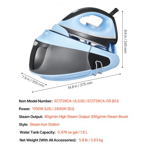 Steam Station 1700W Steam Iron for Clothes with 1.8L Large Capacity Water