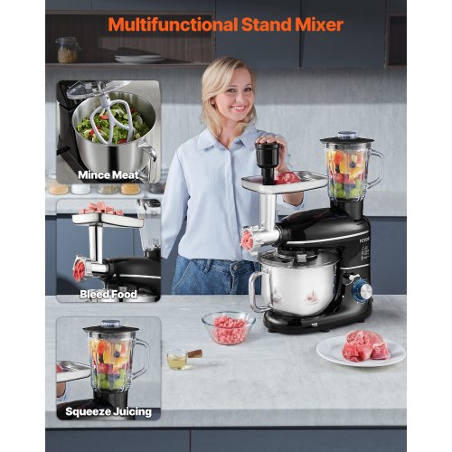 3in1 Multifunctional Stand Mixer 6QT Stainless Steel Bowl 660W 6P