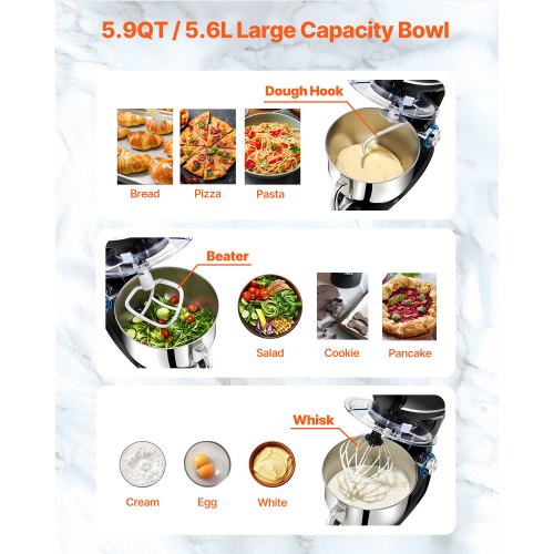 3in1 Multifunctional Stand Mixer 6QT Stainless Steel Bowl 660W 6P