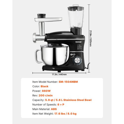 3in1 Multifunctional Stand Mixer 6QT Stainless Steel Bowl 660W 6P