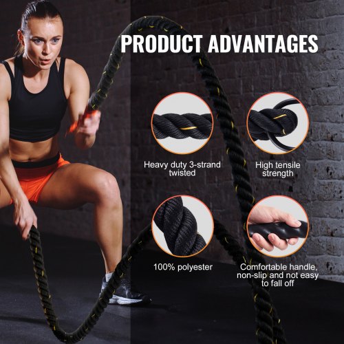 Battle Rope 1.5 Inch Diameter 30Ft Length Polyester Exercise Rope Battle