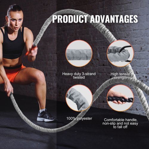 Battle Rope 1.5 Inch Diameter 30Ft Length Polyester Exercise Rope Battle