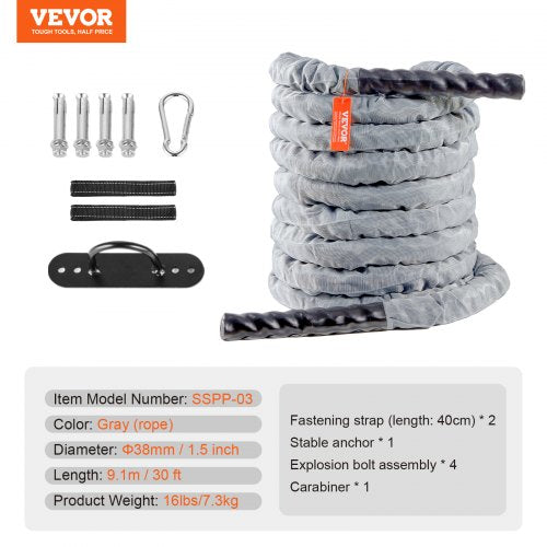Battle Rope 1.5 Inch Diameter 30Ft Length Polyester Exercise Rope Battle