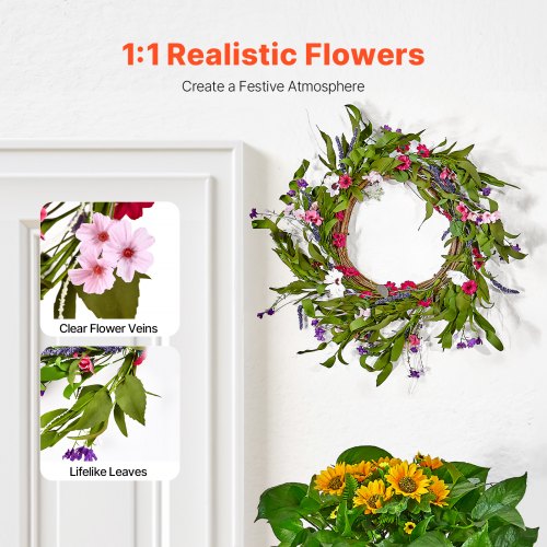 Artificial Decorative Wreath 22 in Pink Green Decorated with Daisies