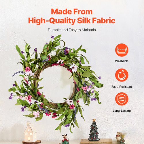 Artificial Decorative Wreath 22 in Pink Green Decorated with Daisies