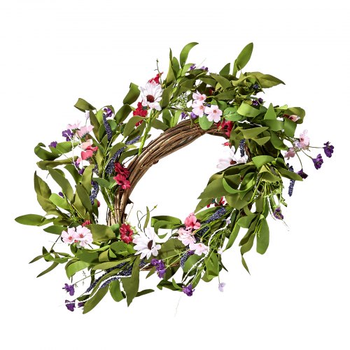 Artificial Decorative Wreath 22 in Pink Green Decorated with Daisies