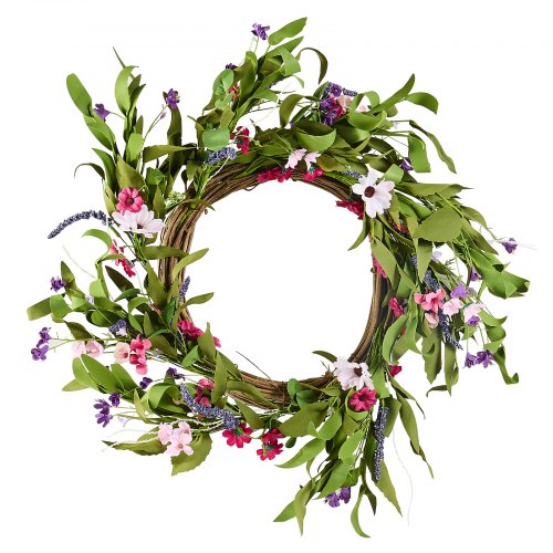 Artificial Decorative Wreath 22 in Pink Green Decorated with Daisies