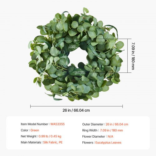 Artificial Decorative Wreath 26 in Green Decorated with Eucalyptus