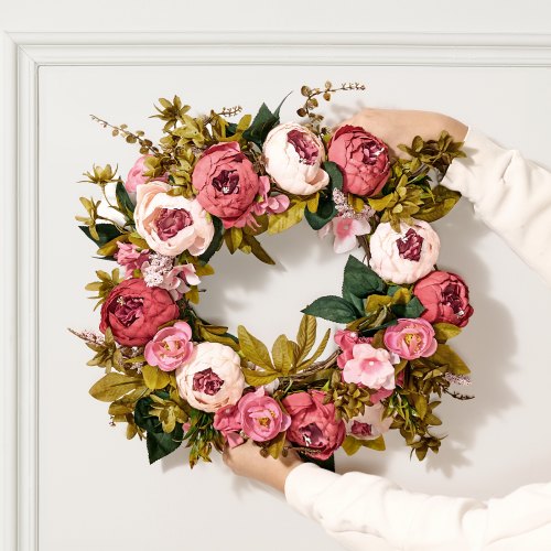 Artificial Decorative Wreath 19 in Pink Decorated with Peonies