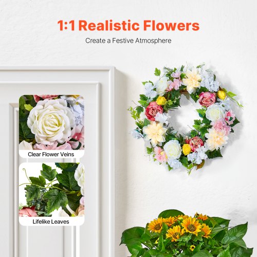 Artificial Decorative Wreath 24 in White Pink Yellow Decorated with Peonies