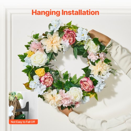 Artificial Decorative Wreath 24 in White Pink Yellow Decorated with Peonies