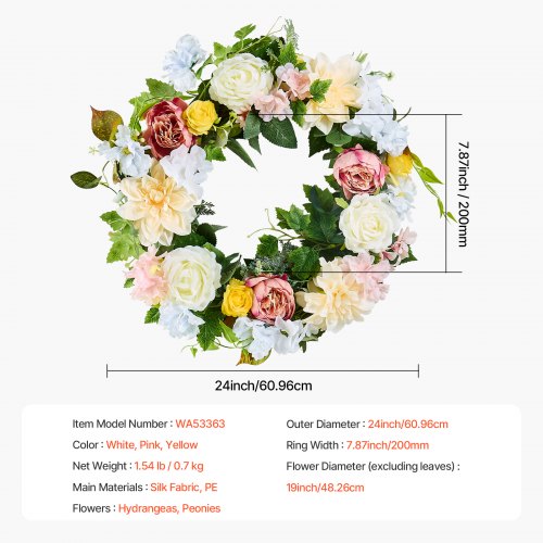 Artificial Decorative Wreath 24 in White Pink Yellow Decorated with Peonies