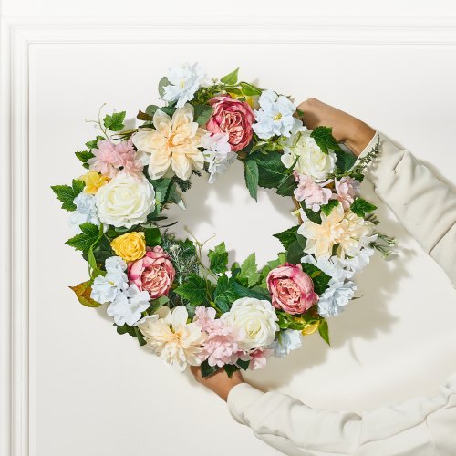 Artificial Decorative Wreath 24 in White Pink Yellow Decorated with Peonies
