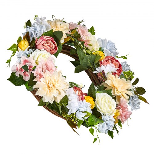 Artificial Decorative Wreath 24 in White Pink Yellow Decorated with Peonies
