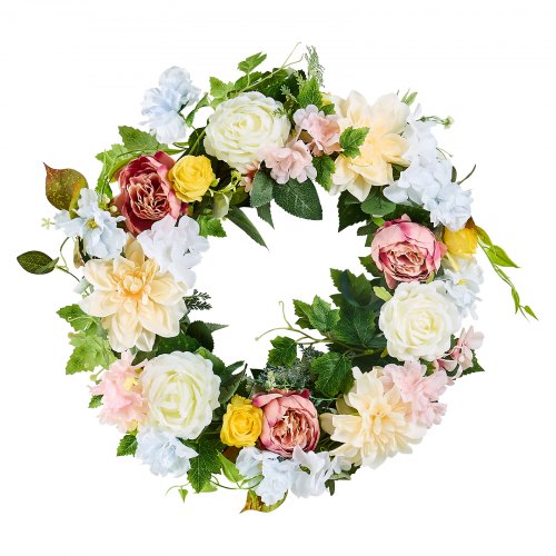 Artificial Decorative Wreath 24 in White Pink Yellow Decorated with Peonies