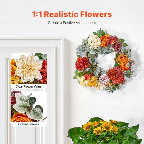 Artificial Decorative Wreath 24 in Red Orange Yellow Decorated with Hydrangeas
