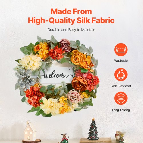 Artificial Decorative Wreath 24 in Red Orange Yellow Decorated with Hydrangeas