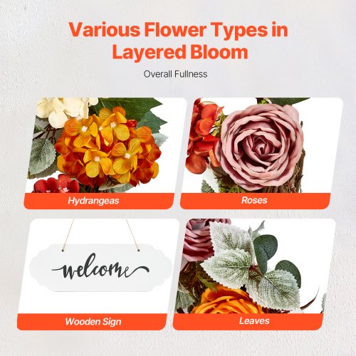 Artificial Decorative Wreath 24 in Red Orange Yellow Decorated with Hydrangeas