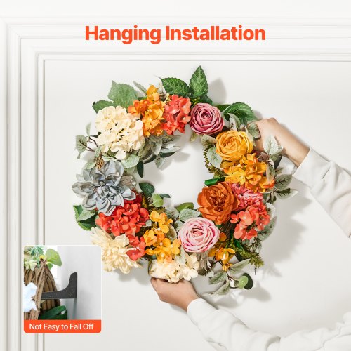 Artificial Decorative Wreath 24 in Red Orange Yellow Decorated with Hydrangeas