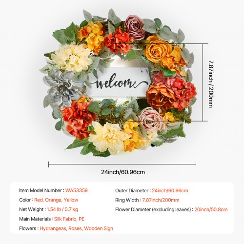 Artificial Decorative Wreath 24 in Red Orange Yellow Decorated with Hydrangeas