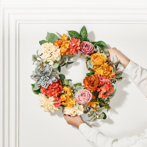 Artificial Decorative Wreath 24 in Red Orange Yellow Decorated with Hydrangeas