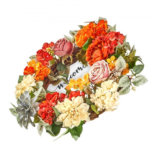 Artificial Decorative Wreath 24 in Red Orange Yellow Decorated with Hydrangeas
