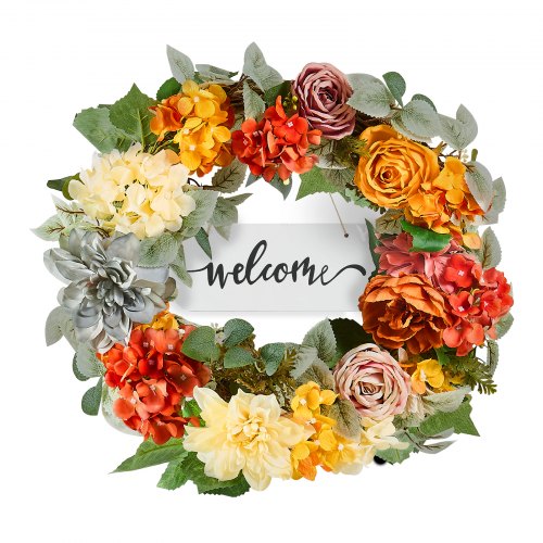 Artificial Decorative Wreath 24 in Red Orange Yellow Decorated with Hydrangeas