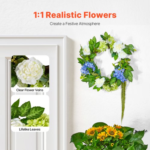 Artificial Decorative Wreath 23 in Blue White Green Decorated with Hydrangeas