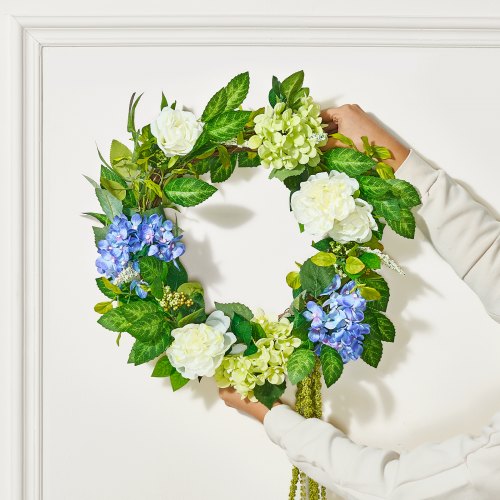 Artificial Decorative Wreath 23 in Blue White Green Decorated with Hydrangeas