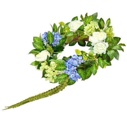 Artificial Decorative Wreath 23 in Blue White Green Decorated with Hydrangeas