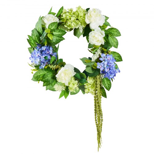 Artificial Decorative Wreath 23 in Blue White Green Decorated with Hydrangeas