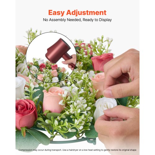 Artificial Rose Wreath 14Inch Diameter Faux Flower Wreath with Pink and White