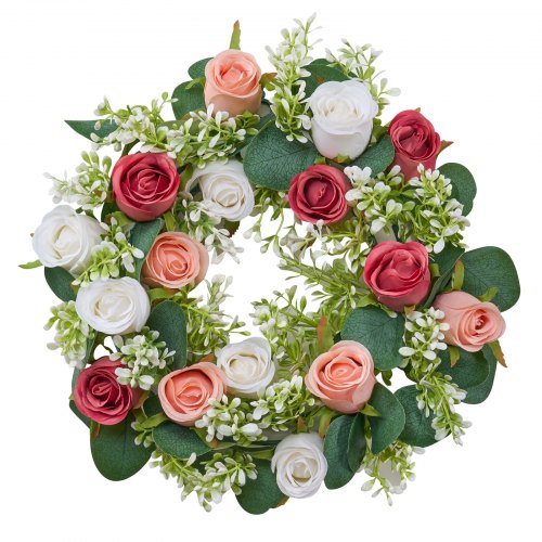 Artificial Rose Wreath 14Inch Diameter Faux Flower Wreath with Pink and White