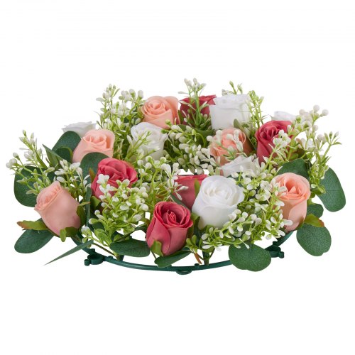 Artificial Rose Wreath 14Inch Diameter Faux Flower Wreath with Pink and White