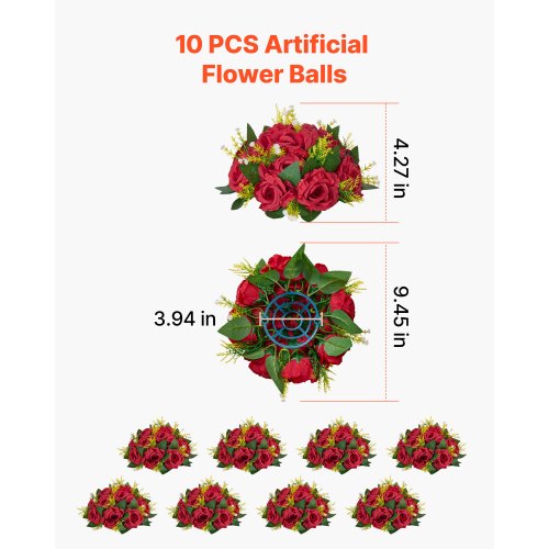 Flower Balls Arrangement Bouquet 10 PCS 9.5 Inch Wedding Red Roses