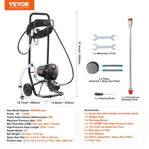 750W Stand Airless Paint Sprayer 3000PSI High Efficiency Electric Airless