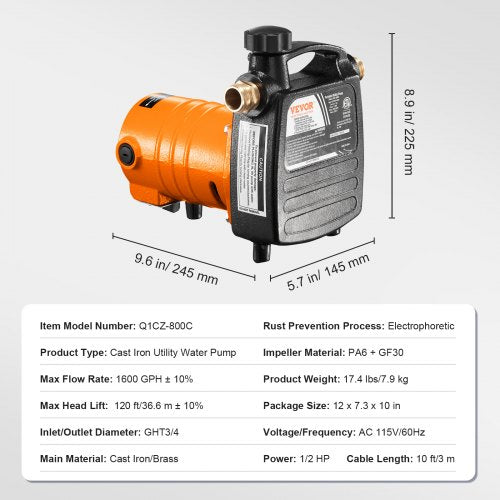 Cast Iron Water Transfer Pump 115V AC 1600 GPH 12HP Portable Electric
