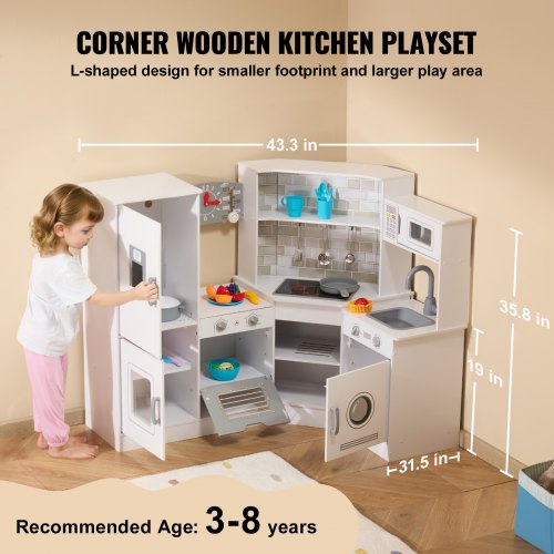 Corner Wooden Play Kitchen Toy Set with Lights and Sounds Toddler Kitchen