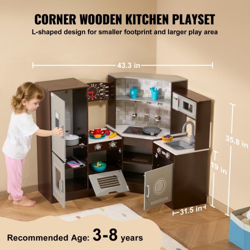 Corner Wooden Play Kitchen Toy Set with Lights and Sounds Toddler Kitchen