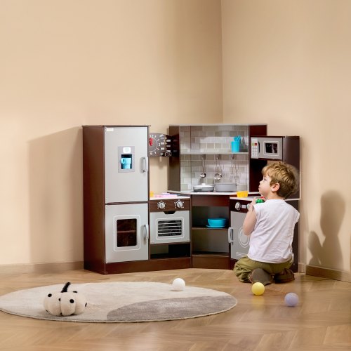 Corner Wooden Play Kitchen Toy Set with Lights and Sounds Toddler Kitchen