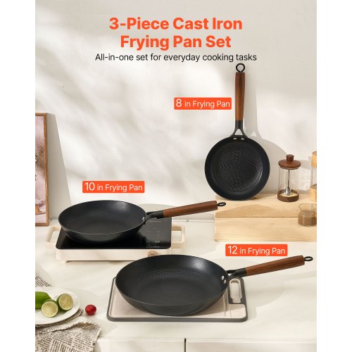 Cast Iron Skillet 3Piece Frying Pan Set 8 10 12 in Nonstick Skillets