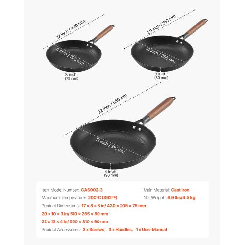 Cast Iron Skillet 3Piece Frying Pan Set 8 10 12 in Nonstick Skillets