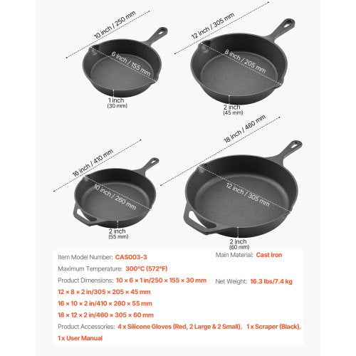 Cast Iron Skillet 4Piece Frying Pan Set 6 8 10 12 in Skillets