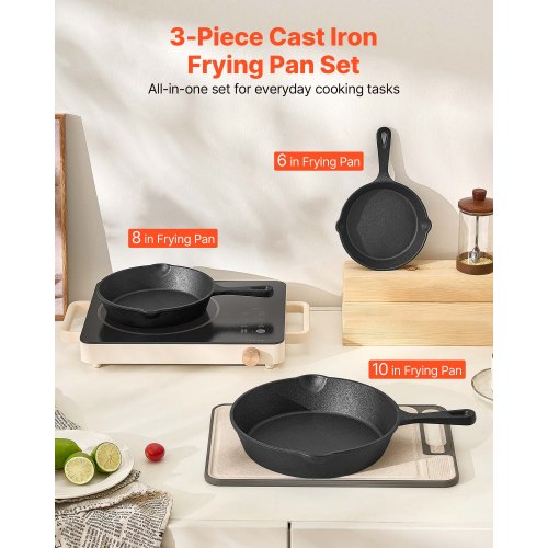 Cast Iron Skillet 3Piece Frying Pan Set 6 8 10 in HeavyDuty Skillets