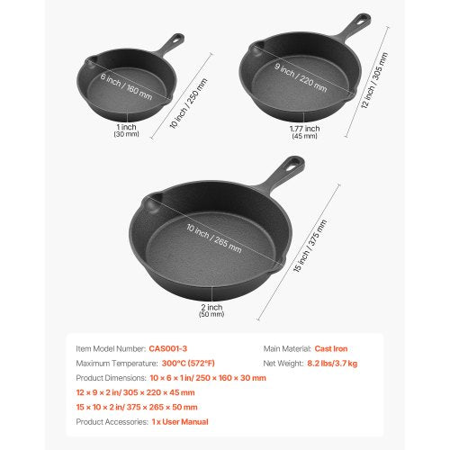 Cast Iron Skillet 3Piece Frying Pan Set 6 8 10 in HeavyDuty Skillets