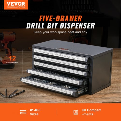 Drill Bit Dispenser Cabinet, Five-Drawer Drill Bit Organizer Cabinet for #1 to #60 Steel Drill Dispenser Organizer Cabinet with Labels, Stackable Drill Dispenser for Drill Bit Storage