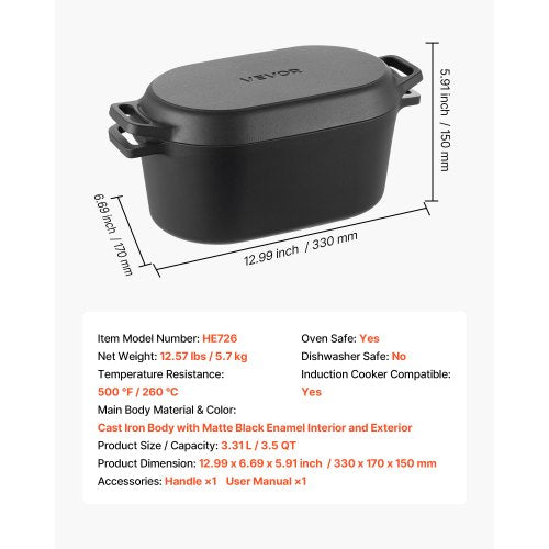 Enameled Cast Iron Dutch Oven 3.5 Quart Pot with Lid and Dual Handles